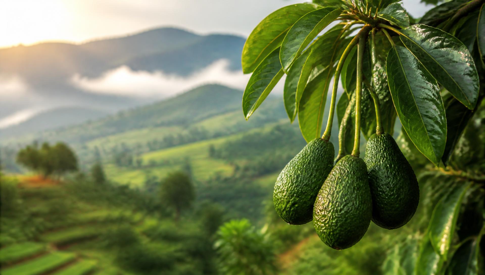 Ripe avocados on a branch above the misty hills of Rwanda